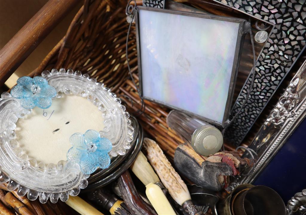A quantity of plated and other frames, antler, horn carving knives, shakers, Meerschaum pipe etc